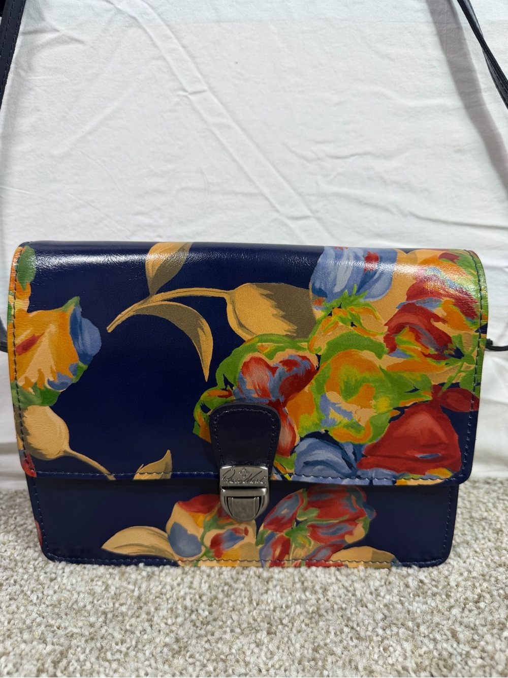 Patricia Nash Lanza Le Fleur Navy Floral Leather Crossbody Bag Push Lock